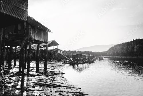 background landscape. The fishing village life style black and white picture.