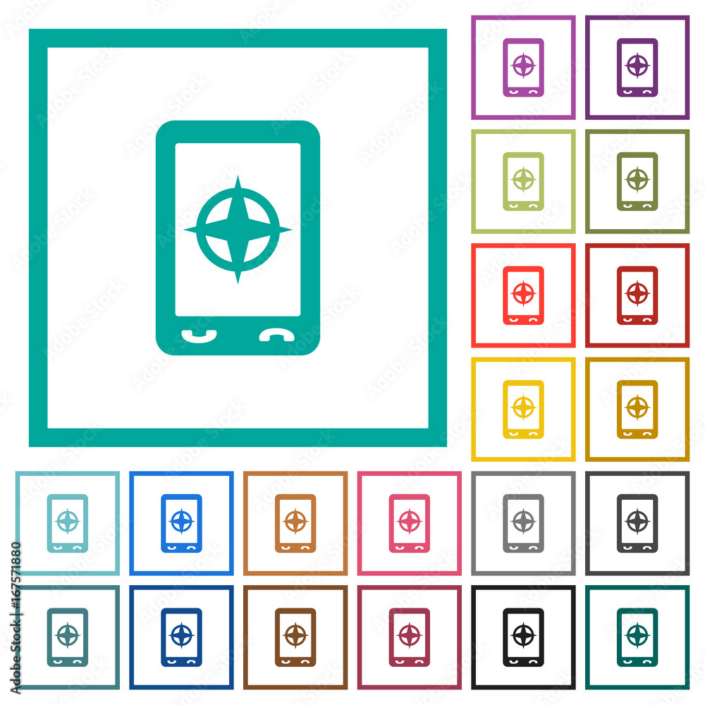 Mobile compass flat color icons with quadrant frames Mobile compass flat color icons with quadrant frames