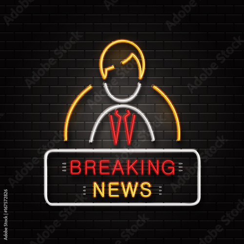 Vector isolated neon sign of anchorman for decoration on the wall background. Realistic neon logo signboard for breaking news. Concept of journalism profession, media and broadcast.