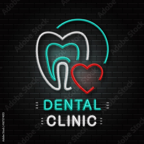 Vector isolated neon sign of tooth for decoration on the wall background. Realistic neon logo for dental clinic. Concept of healthcare, dentist profession and medicine.