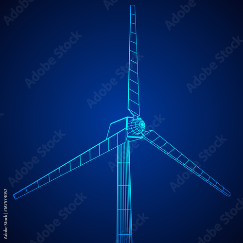 Wind turbine with propeller. Windmill generator wireframe low poly mesh. Vector illustration