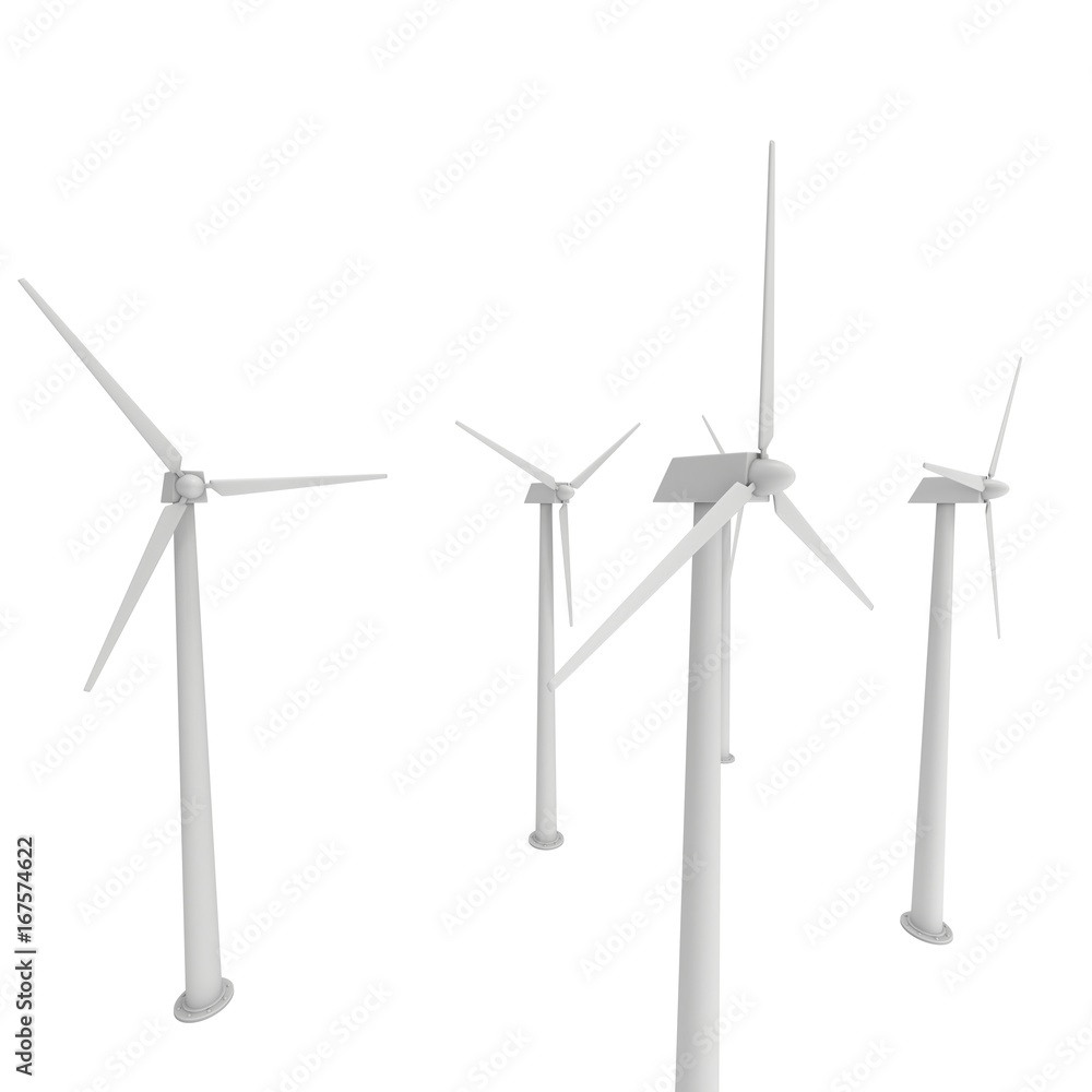 Wind turbine farm with propellers. Windmill generators 3D render isolated on white