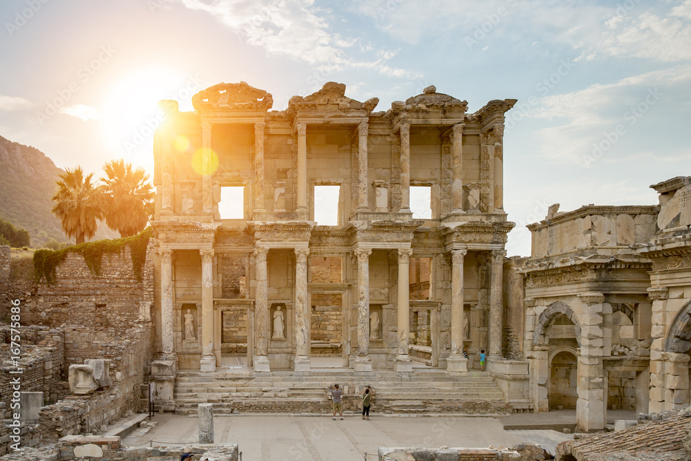 Celsus Library in Ephesus and the sun with flare