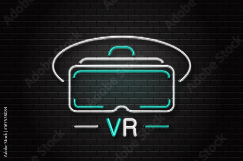 Vector isolated neon sign of VR glasses for decoration on the wall background. Realistic neon logo for virtual reality entertainment experience. Concept of game and cyberspace.
