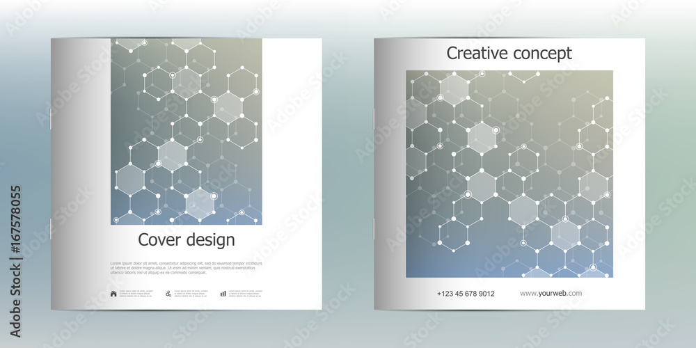 Square brochure template with structure of molecular particles and atom. Polygonal abstract background. Medicine, science and technology concept. Vector illustration.