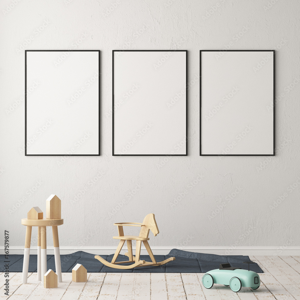 Fototapeta premium Mockup poster in the children's room in pastel colors. Scandinavian style. 3d illustration.