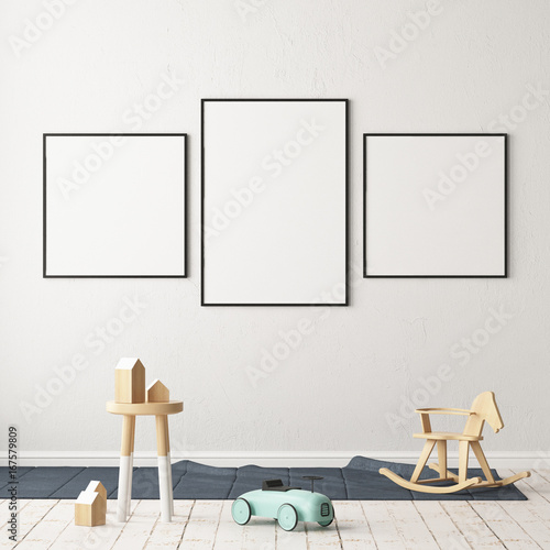 Mockup poster in the children's room in pastel colors. Scandinavian style. 3d illustration.