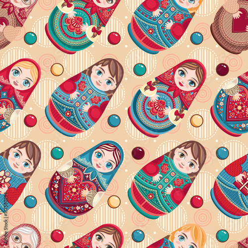 Russian souvenir. Matryoshka - babushka doll. Seamless pattern. Vector