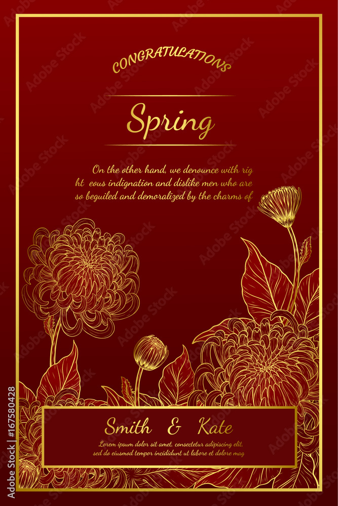 Chrysanthemum vintage card on red background.Chrysanthemum flower by hand drawing.Floral vintage highly detailed in line art style.