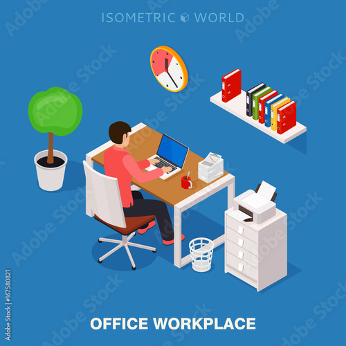 Fototapeta Naklejka Na Ścianę i Meble -  Colored 3d isometric office workplace vector concept illustration. Work table composition plus collection of isometric objects: table, chair, books, laptop, trash bin, folders, papers, printer
