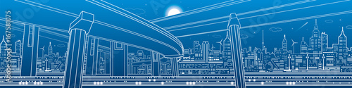 Transportation overpass bridge, urban infrastructure panorama, modern city on background, vector design art