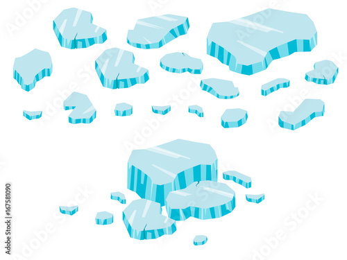 Iceberg big set cartoon. Ice and Icebergs in isometric 3d flat style. Set of different ice block. Isolated Video Game