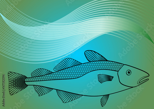 Fish monoline drawing on sea lagoon colored background with waves, cod silhouette decoration for sea sport activities, sea food restaurant, sport fishing