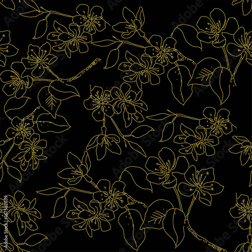 Wallpaper Mural Seamless pattern with hand drawn flowers  in sketch style. With gold flowers on a black background Torontodigital.ca