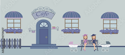 Pretty scenery in a rustic style. A cafe, beautiful young mothers, cups of coffee, two windows with a striped awnings, door, stairs, flowers.A cute bench. A fence. Baby carriages. Vector illustration 