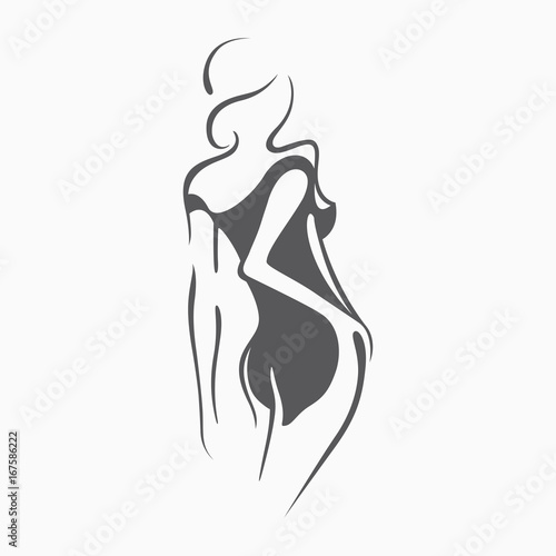Sexy fitness figure of a girl in the evening dress. Intimate sexy lady, model in a pose. Lovely elastic ass bikini zone. Drawn graphics for design, background