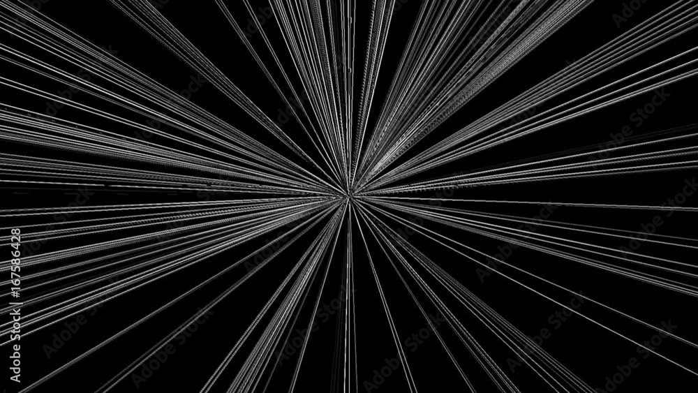 Fractal de estrella radiante con rayos en blanco y negro
