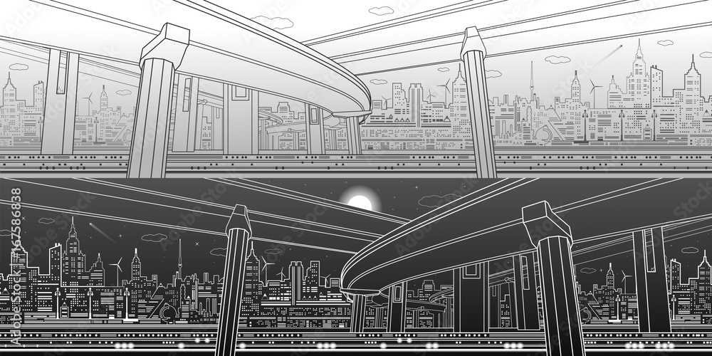 Obraz premium Transportation overpass bridge, urban infrastructure panorama, modern city on background, vector design art