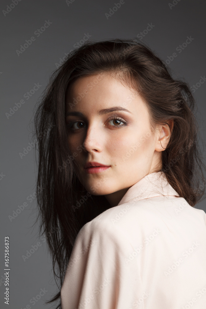 close up studio portrait of pretty young female brunette model close up studio portrait of pretty young female brunette model
