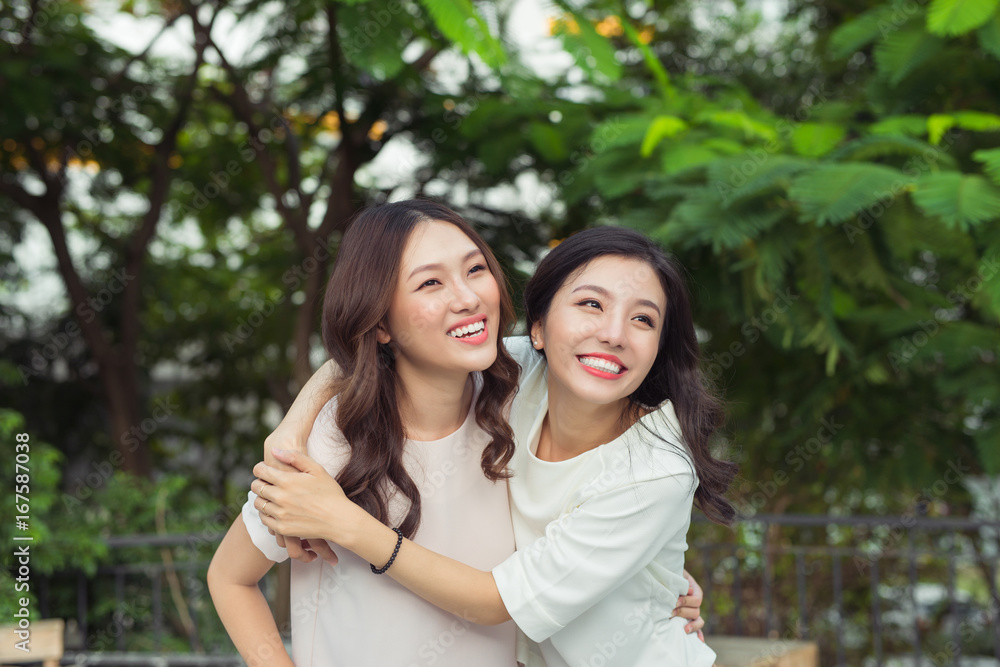 Asian sisters hugging and smiling in the park. Asian sisters hugging and smiling in the park.