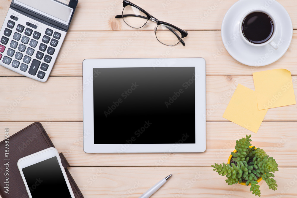 Tablet header image. Office stuff, workplace, top view Tablet header image. Office stuff, workplace, top view