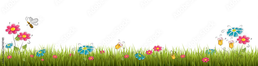 Fototapeta Świeża realistyczna zielona trawa z czerwonymi kwiatami - wektorowa ilustracja
