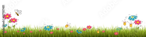 Naklejka Świeża realistyczna zielona trawa z czerwonymi kwiatami - wektorowa ilustracja