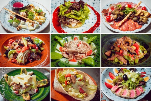 Collection snaps of salads with meat and vegetables.