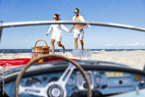 Photography retro car on beach