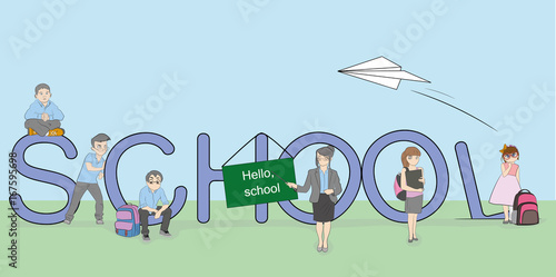 Children with teachers are taught near the big word SCHOOL. Preparation for school. vector illustration.