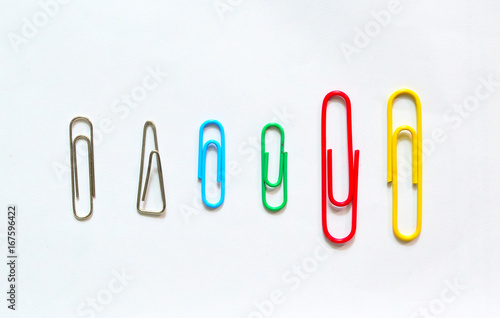 Colorful paper clip on white background.