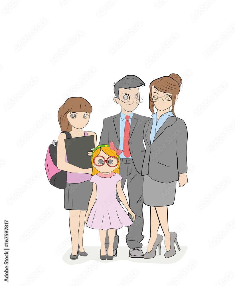 Cool vector flat design illustration on modern family. Parents standing with children. Mother, father, siblings. Teenage girl, toddler girl standing together. Happy family characters Cool vector flat design illustration on modern family. Parents standing with children. Mother, father, siblings. Teenage girl, toddler girl standing together. Happy family characters