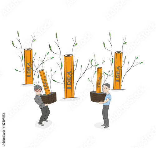 little people keep pots planted with IDEA. vector illustration.