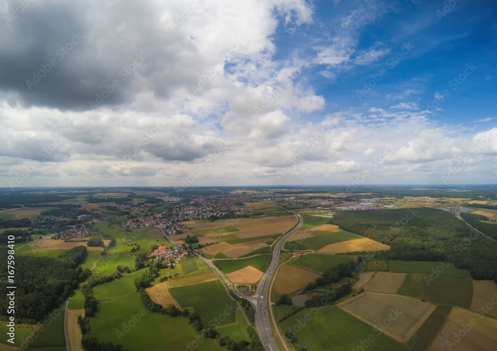 Aerial photo of the landscape near the city of Herzogenaurach in Bavaria in Germany