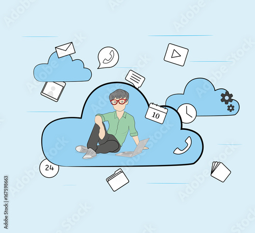 Cloud Networking. Businessman sits on a cloud with laptop on his knees. Concept vector illustration.