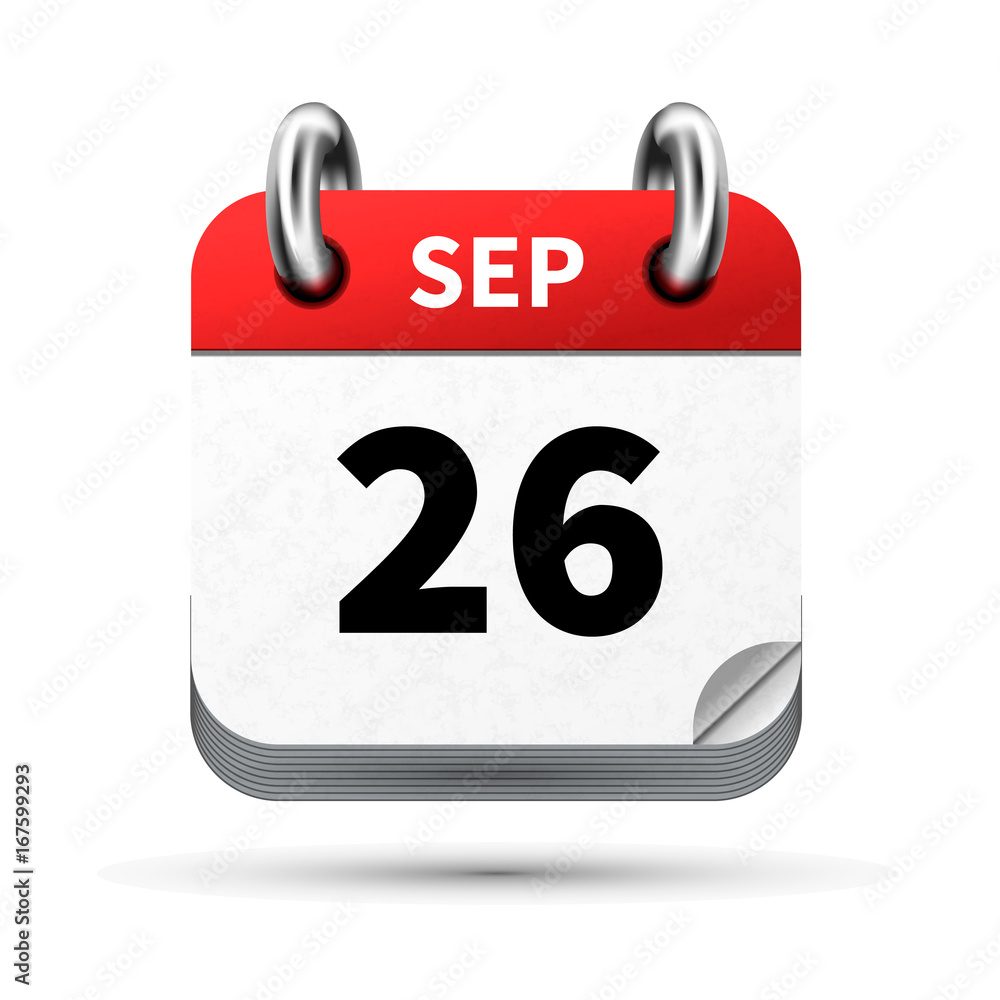 Bright realistic icon of calendar with 26 september date isolated on white Bright realistic icon of calendar with 26 september date isolated on white
