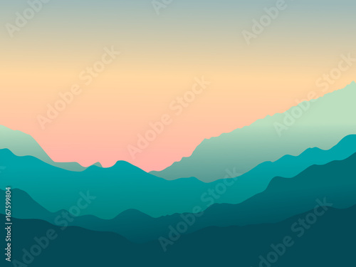 Vector landscape with mountains. Sunset in the mountains.