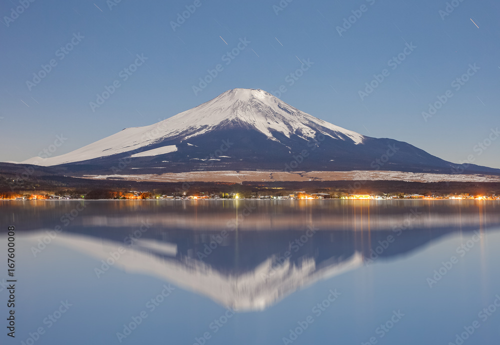 Mount Fuji with moonlight at Lake Yamanakako in winter
