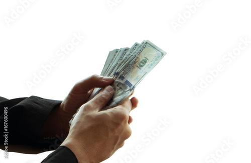 Hand with cash white background isolated.