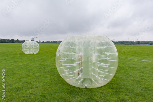Obraz na płótnie Playing soccer in a bumperball, a new funsport in Copenhagen, Denmark - July 27, 2017 w salonie