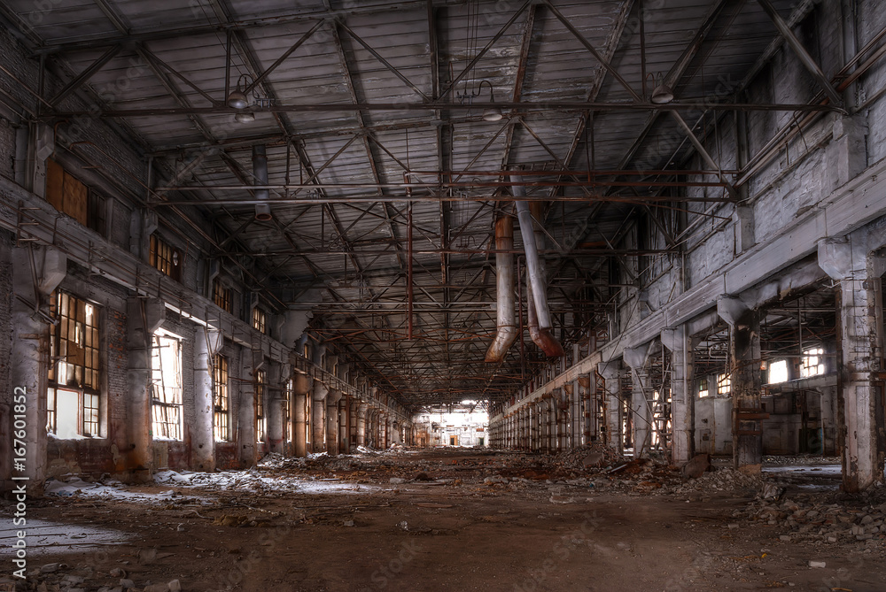 Dilapidated workshop of the abandoned factory. HDR.