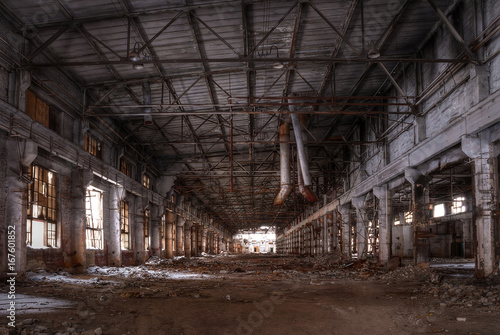 Dilapidated workshop of the abandoned factory. HDR.