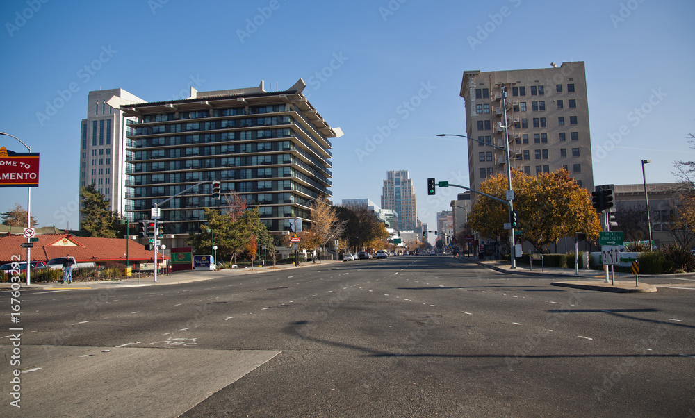 Tall buildings show above the tree in a skyline view of the city of Sacramento, California.