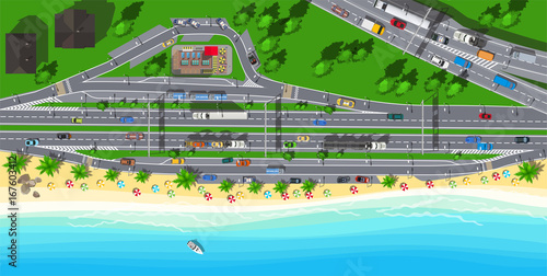 Top view highway with camping and fast food cafe near the sea