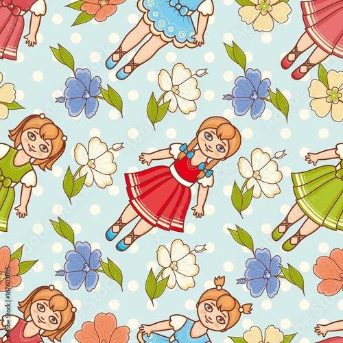 Little Ballerina and Flower. Cartoon style. Seamless pattern. Baby Doll. 