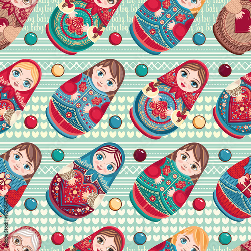 Russian souvenir. Matryoshka - babushka doll. Seamless pattern. Vector