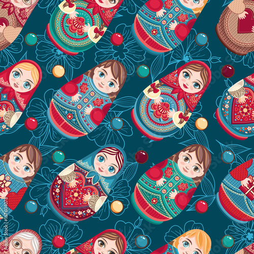 Russian souvenir. Matryoshka - babushka doll. Seamless pattern. Vector