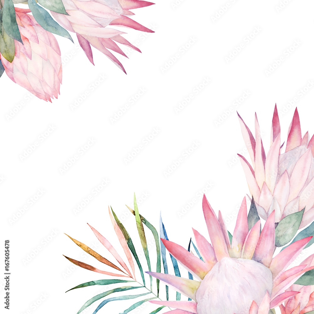 Floral card with protea. Watercolor template for wedding invitations, posters, valentines day, easter, birthday