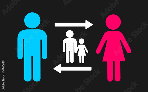Alternating custody of minor child and kid after divorce breakup of family. Care and parenting is split and divided between mother and father. Simple vector illustration with pictograms