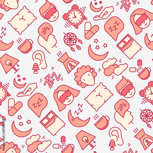 Sleep and insomnia seamless pattern with thin line icons: man in sleeping mask, comfortable pillow, alarm, aroma lamp, earplugs, sheep. Vector illustration for banner, web page, print media.